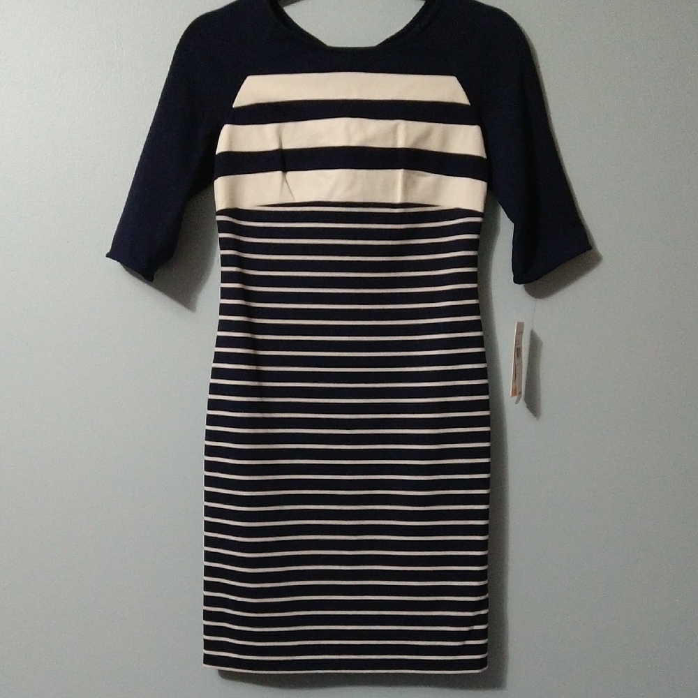 Julia Jordan Navy and White Striped Dress Half Sleeve Zipper Back Size 2